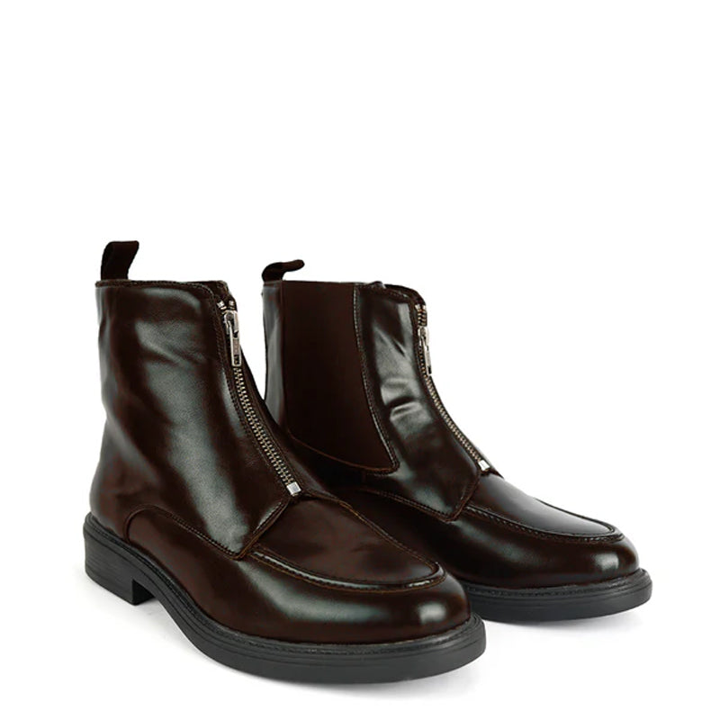 Polished Leather Front Zip Up Black Boot For Men