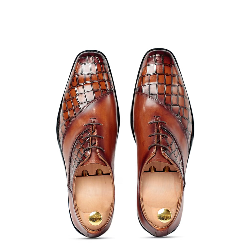Croco Textured Leather Lace Up Oxford Shoes