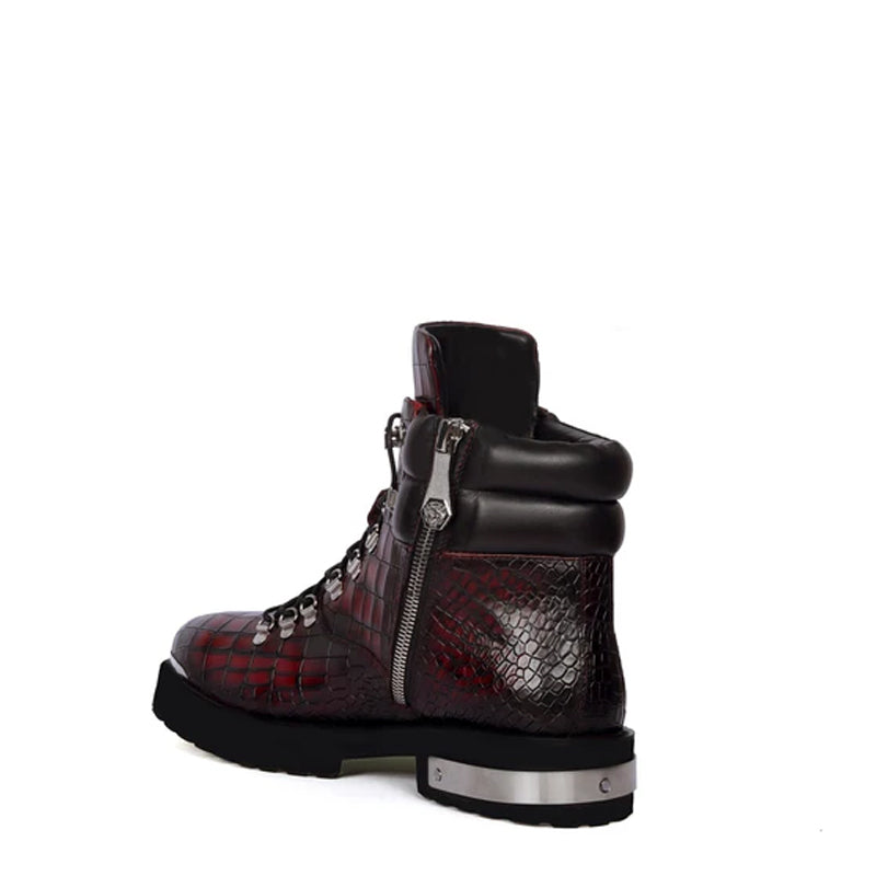 Croco Deep Cut Leather Lace-UP Ankle Boots