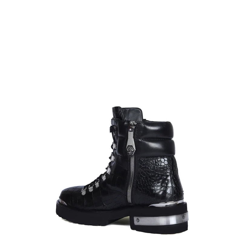 Croco Deep Cut Leather Lace-UP Ankle Boots