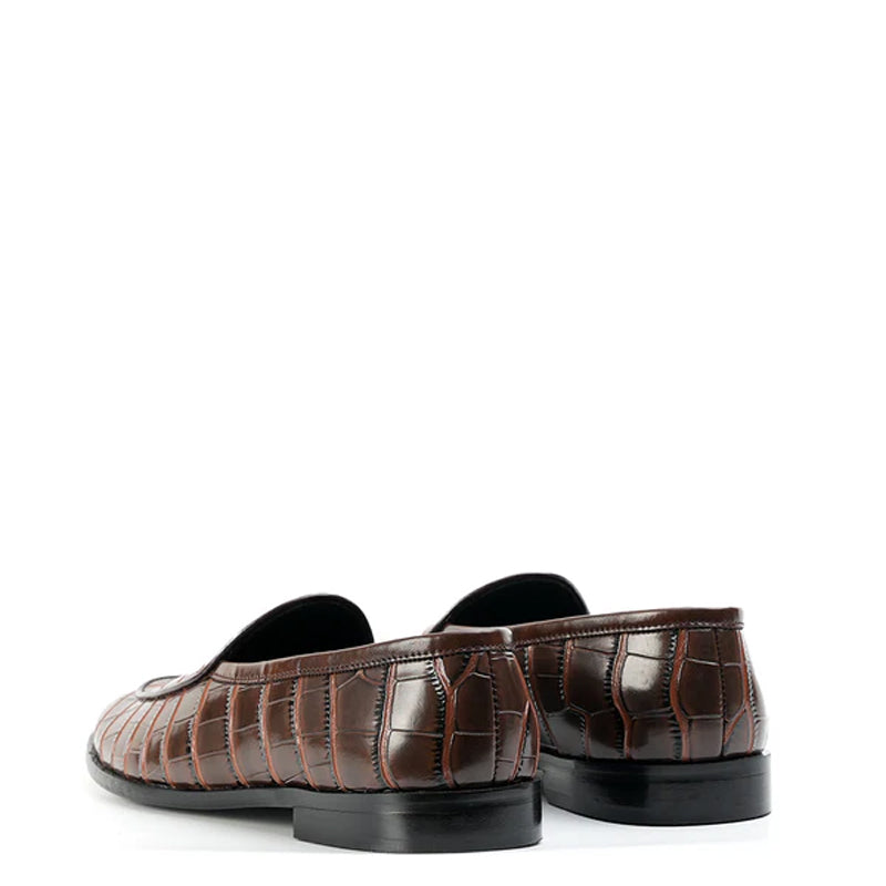 Croc Effect Slip On Leather Loafers