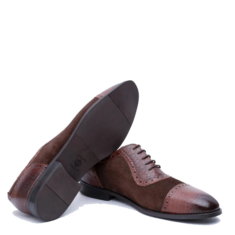 Suede Croco Textured Leather Oxford Shoe Tan Brown