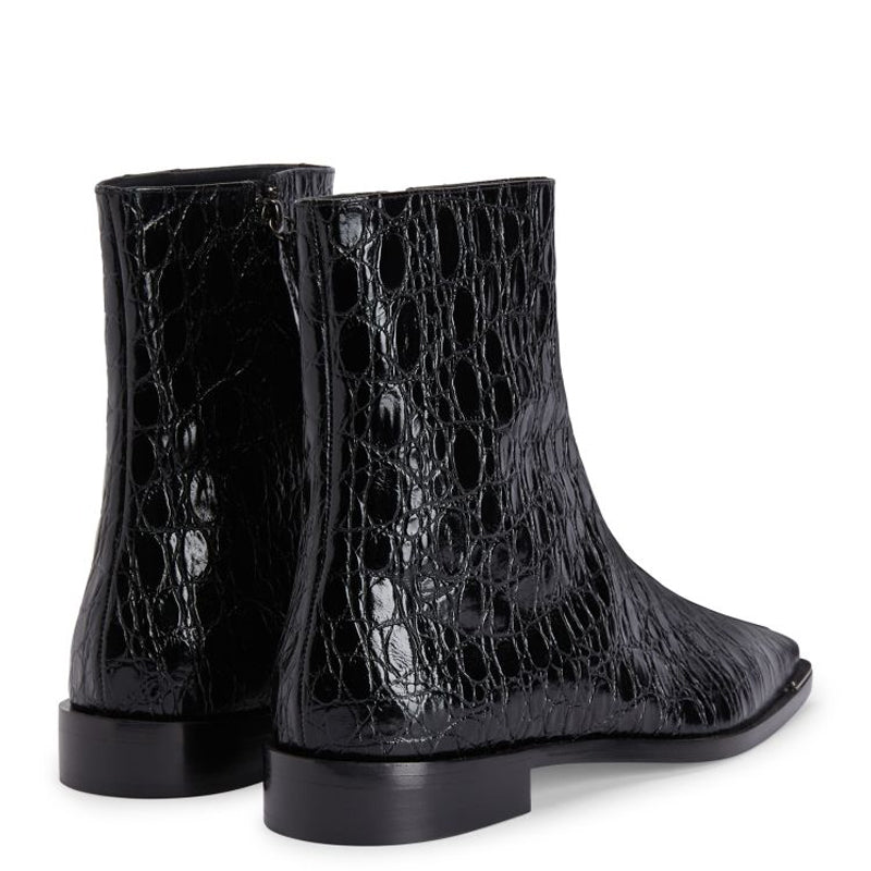Croco Effect Mid Top Leather Side Zipper Boot Black