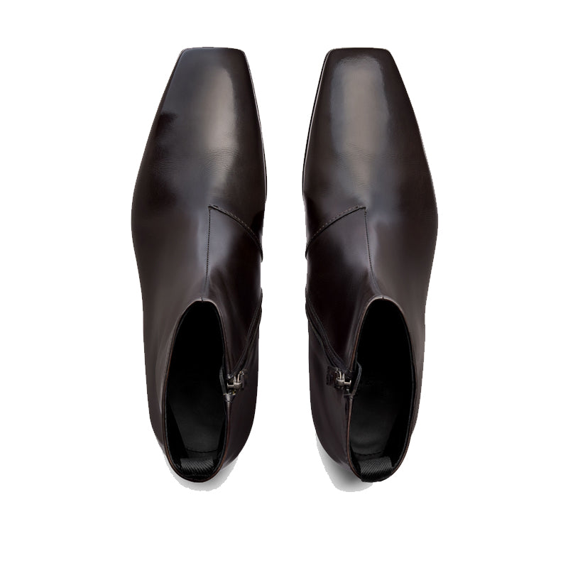 Luxury Leather Polished Dark Brown Square-toe Boot With Side-zip Detailing