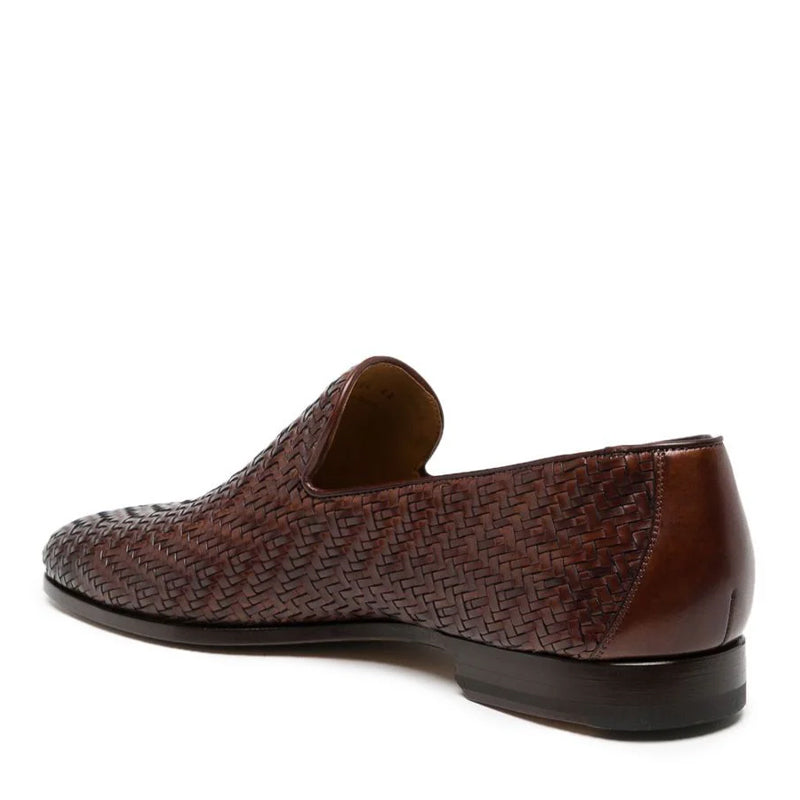 Dark Brown Woven Leather Loafers For Men