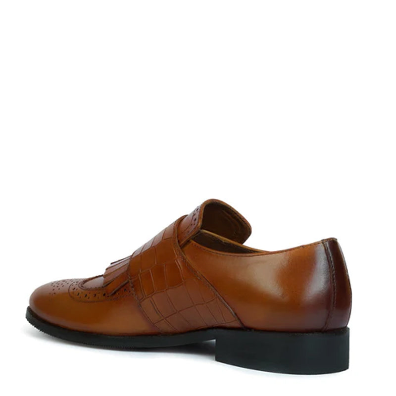 Croco Textured Double Monk Black Shoe with Fringes
