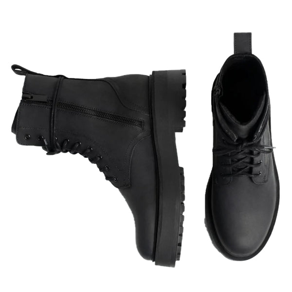 Lace Up Leather High Top Combat Boots - Mate Black