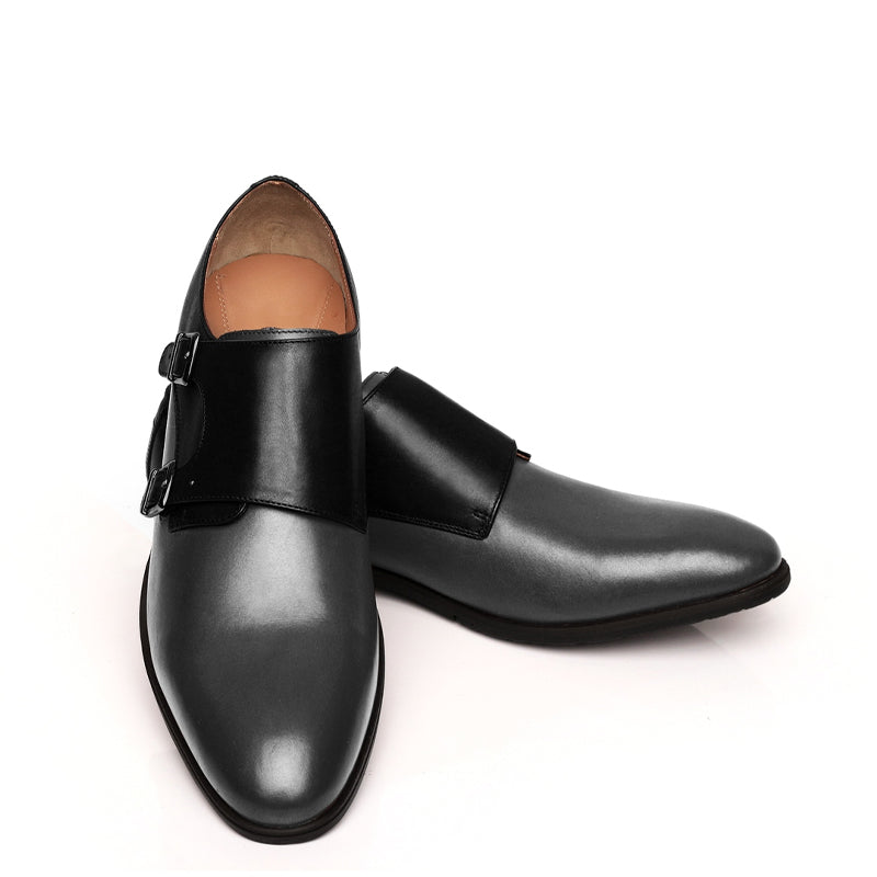 Leather Double Monk Strap Black and Gray Shoe For Men