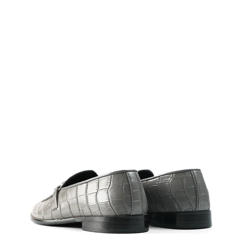 Croco Print Leather Stylish Grey Loafer With Side Hook
