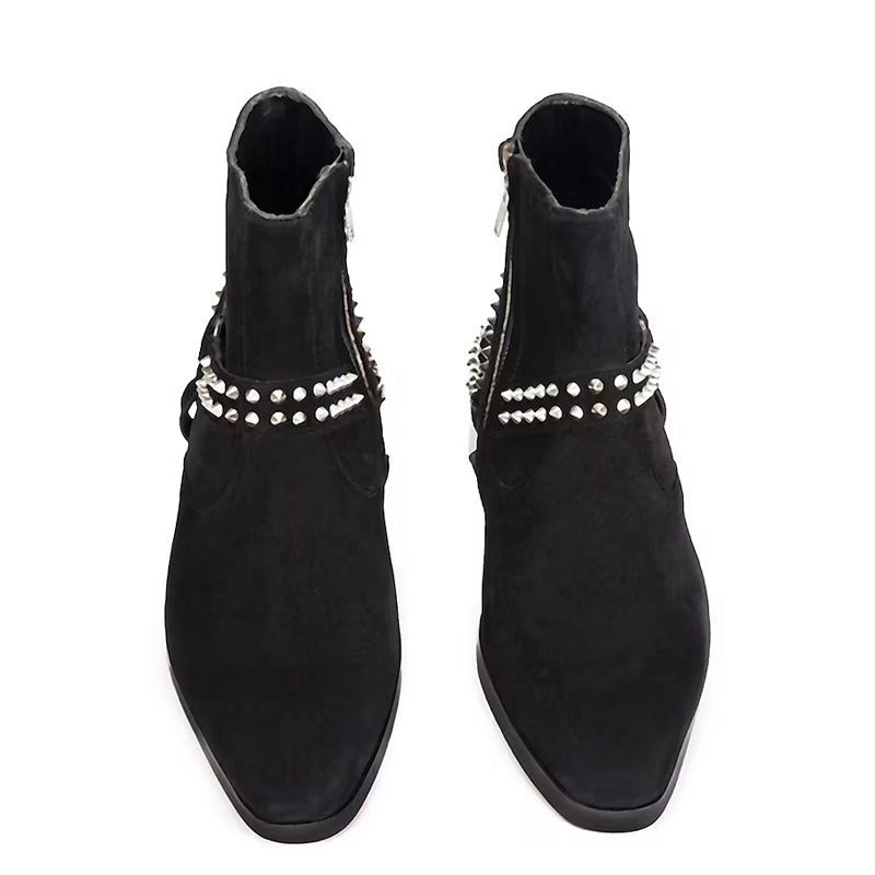 Luxury Spike Stud Velvet Side Zipper Black Boot With Chain
