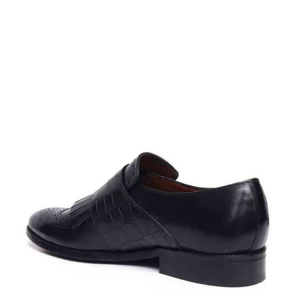 Croco Textured Double Monk Shoe with Fringes