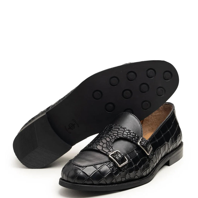 Black Croc-Embossed Monk straps