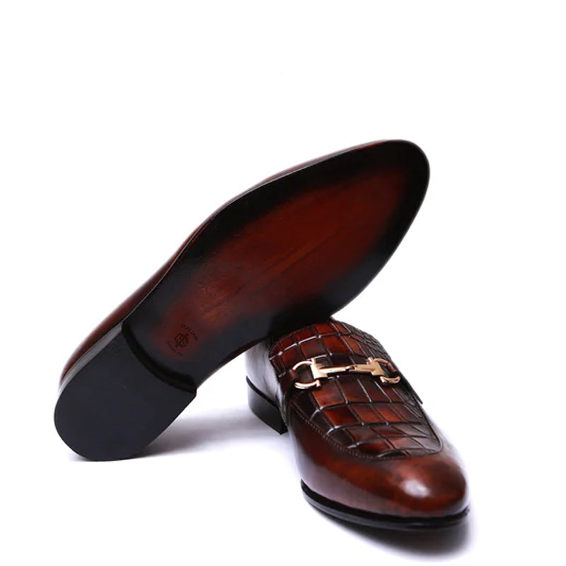 Croco Upper Leather Loafers With Buckle