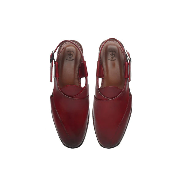 Leather Cross Strap Slip On Comfort Peshawari Sandal - Burgundy