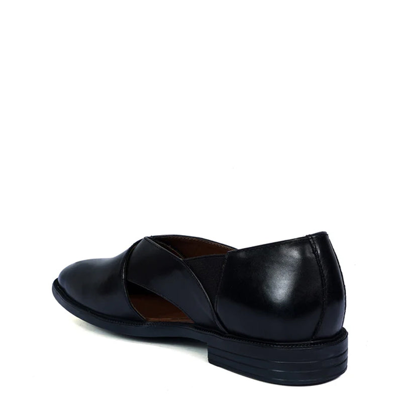Cross Strap Slip On Leather Peshawari Black Sandal