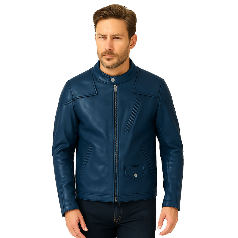 Men’s Zip-Up Vintage Blue Biker Jacket with Stand Collar & Pockets