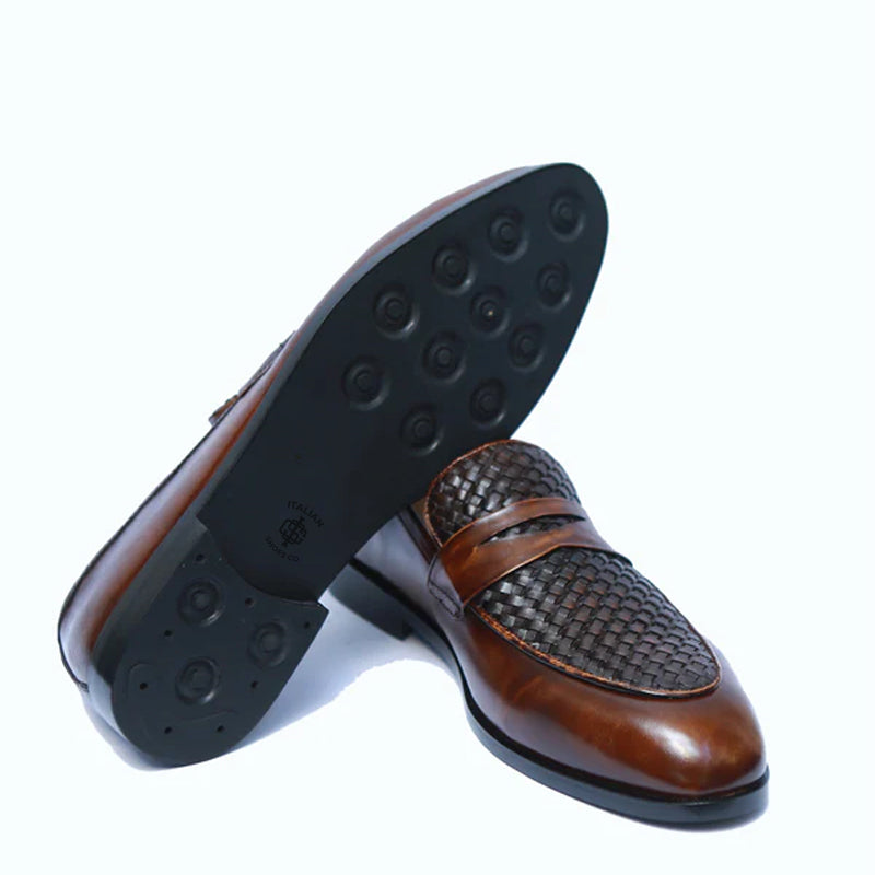 Cognac Handwoven Penny Leather Loafers