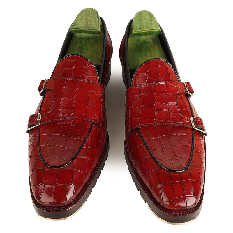 Patina Croco Leather Double Monk Straps Shoes