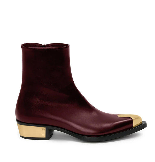 Punk Leather Boots Golden Toe Shoe - Burgundy