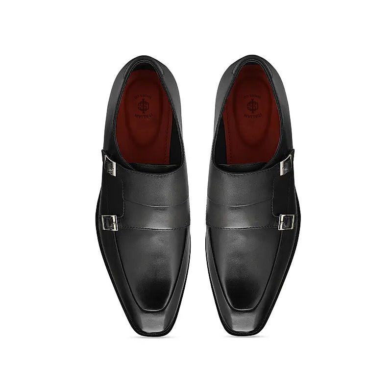 Plain Polished Leather Double Monk Shoe Black