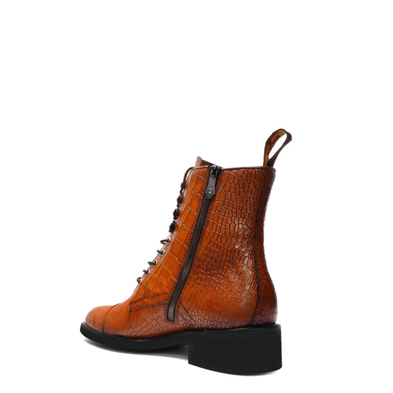 Croco Leather Lace Up High Ankle Boot Tan