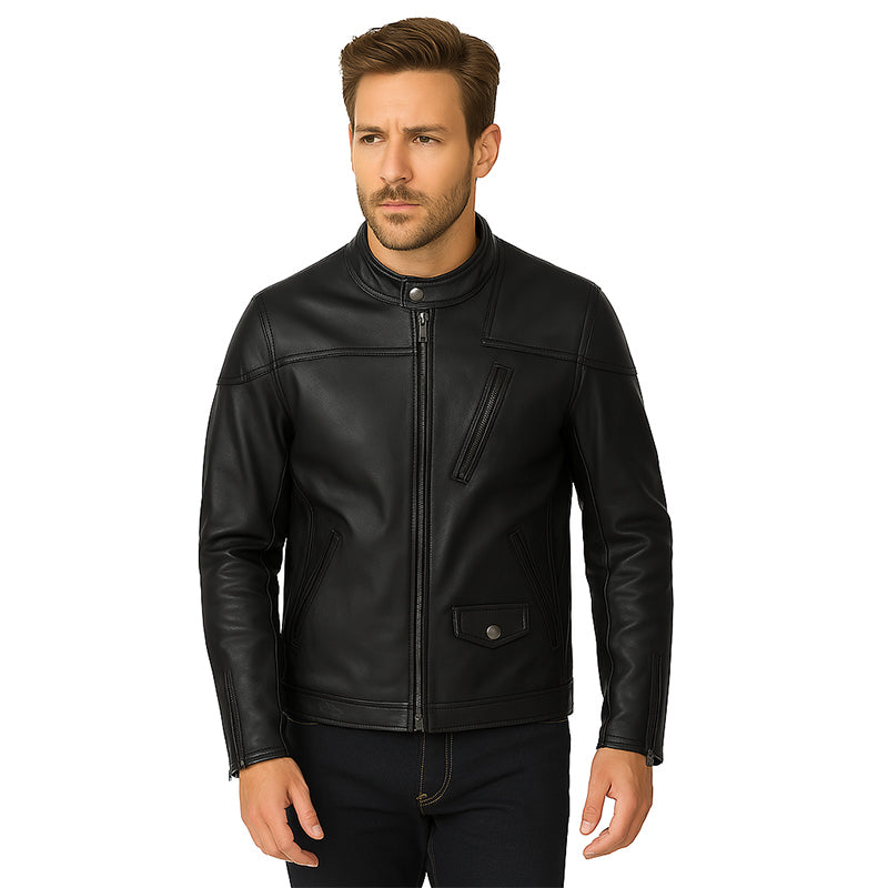 Men’s Zip-Up Vintage Blue Biker Jacket with Stand Collar & Pockets