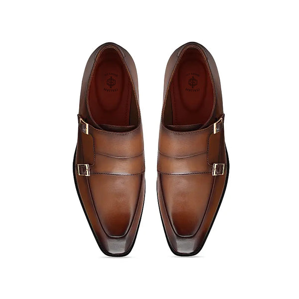 Plain Polished Leather Double Monk Shoe Tan