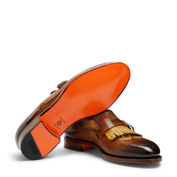Handmade Leather Single Buckle Tan Loafer With Fringe