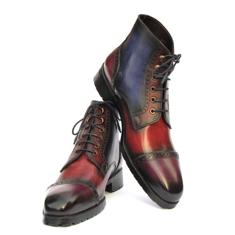 Hand Painted Leather Lace-Up Cap Toe Boots