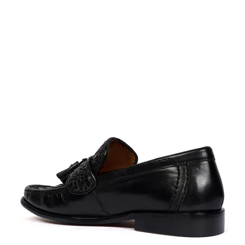 Weaved Solid Leather Tassel Loafers