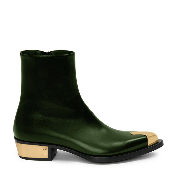 Punk Leather Boots Golden Toe Shoe - Green