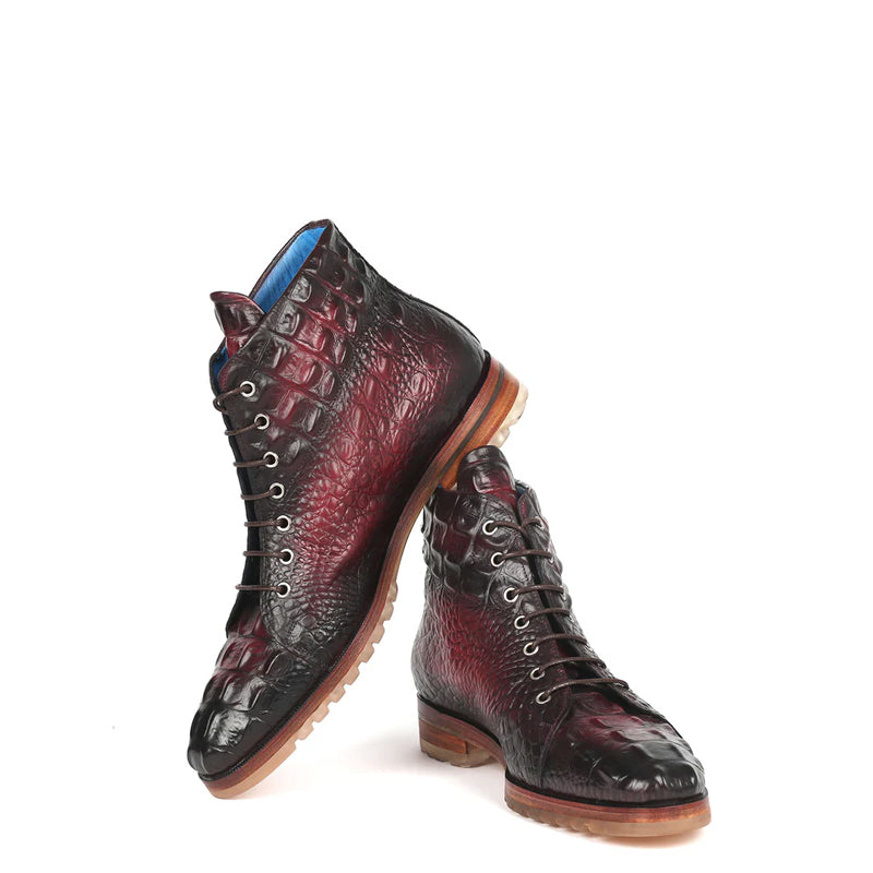 Hand Painted Croco Print Leather Lace Up Boot Burgundy