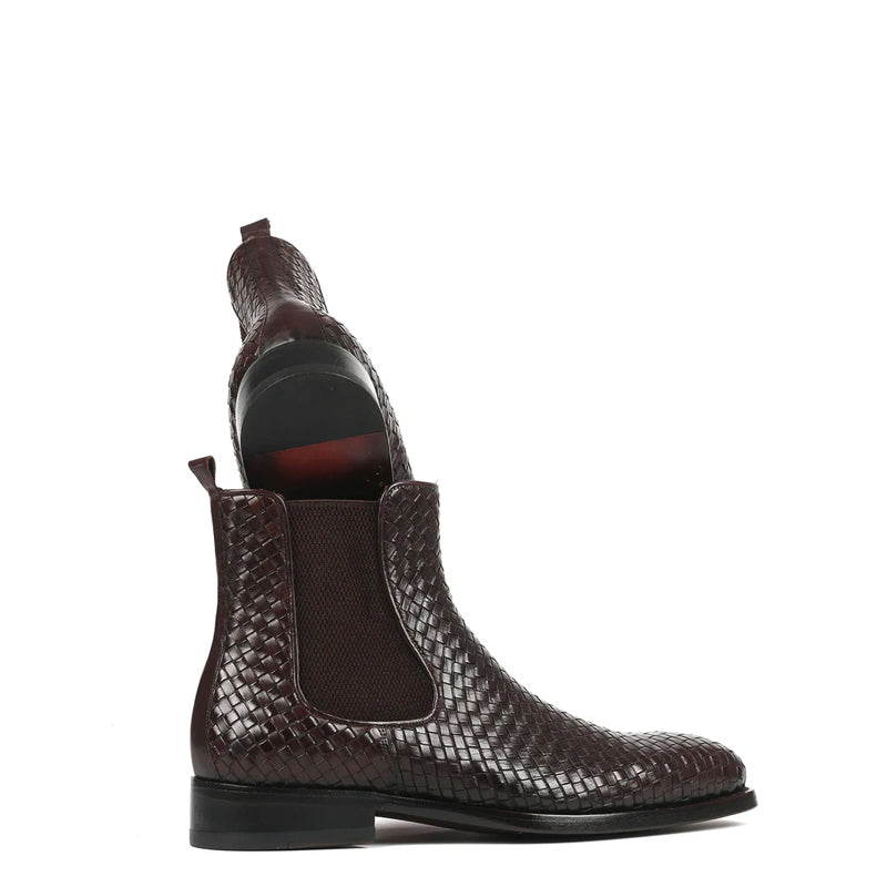Woven Handmade Shiny Leather Chelsea Brown Boot