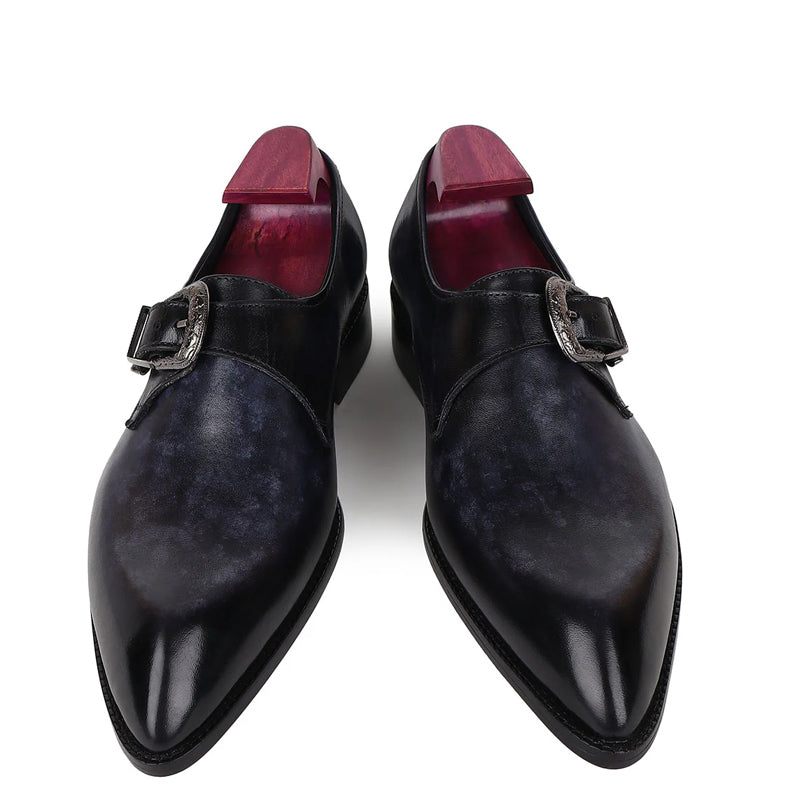 Plain Leather Single Monk Dark Blue Shoe With Side Buckle