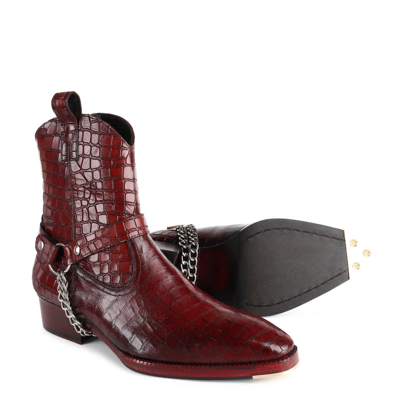 Croco Leather High Chelsea Ankle Chain Boots