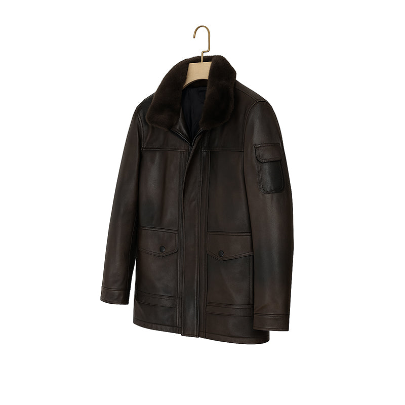 Men's Luxurious Burgundy Front Pocket Jacket with Fur Collar