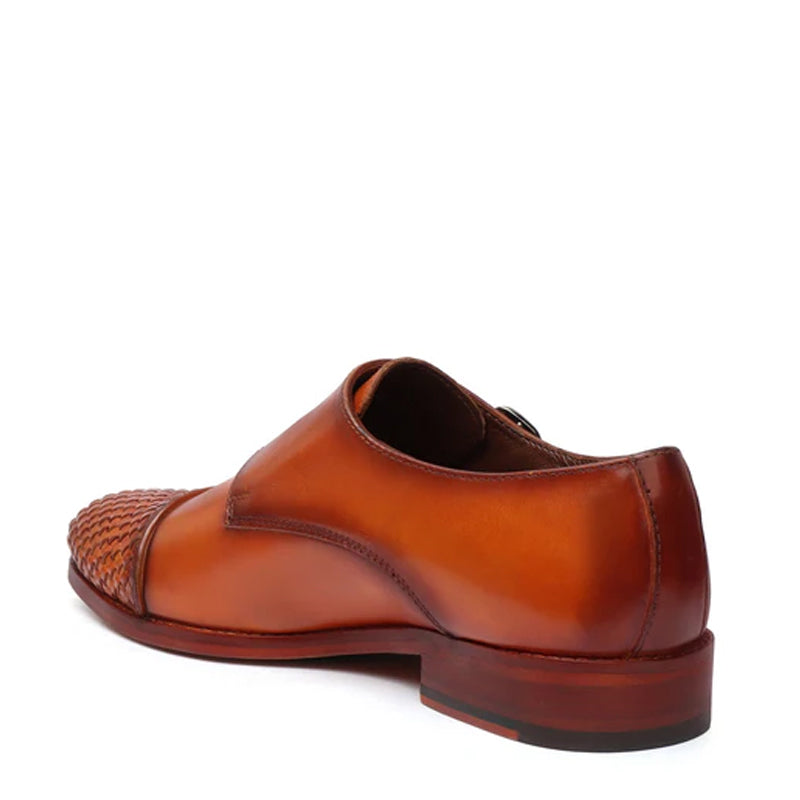 Double Monk Woven Leather Cap-Toe Black Shoe