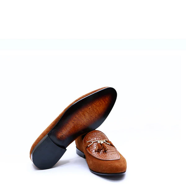 Pure Suede Leather Tassel Tan Loafer With Gold Buckle