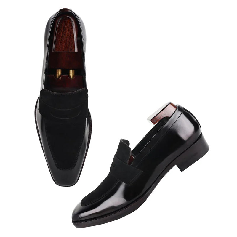 Suede Square Toe Shiny Leather Penny Loafer Black