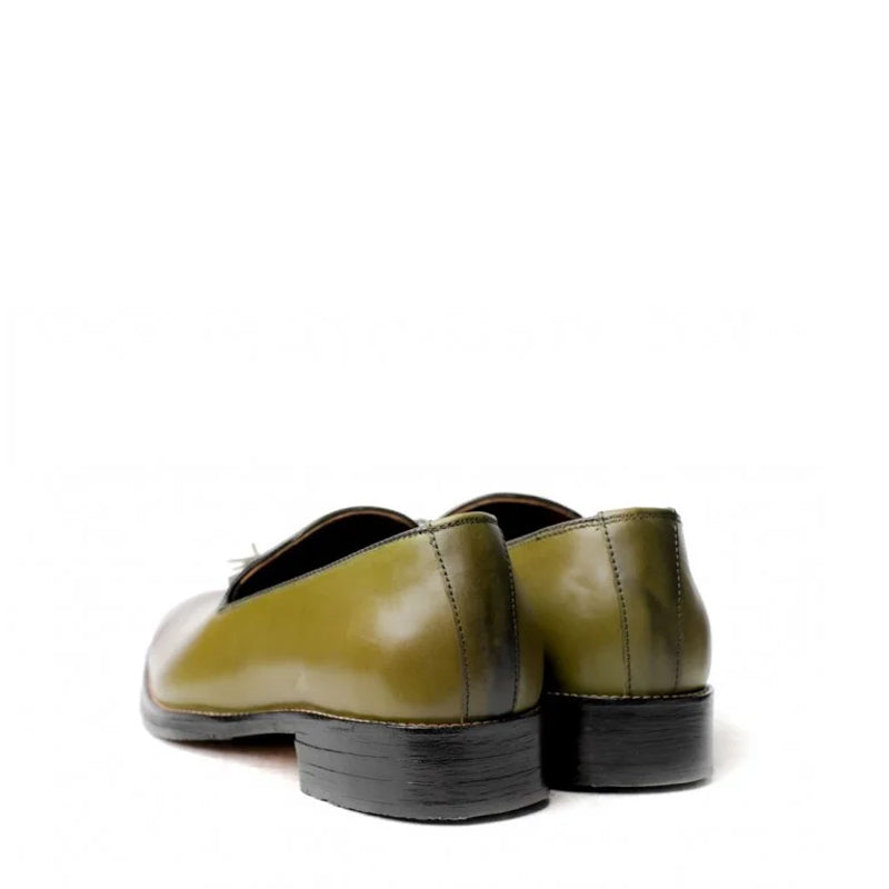 Casual Olive Slip On Leather Tassel Loafer