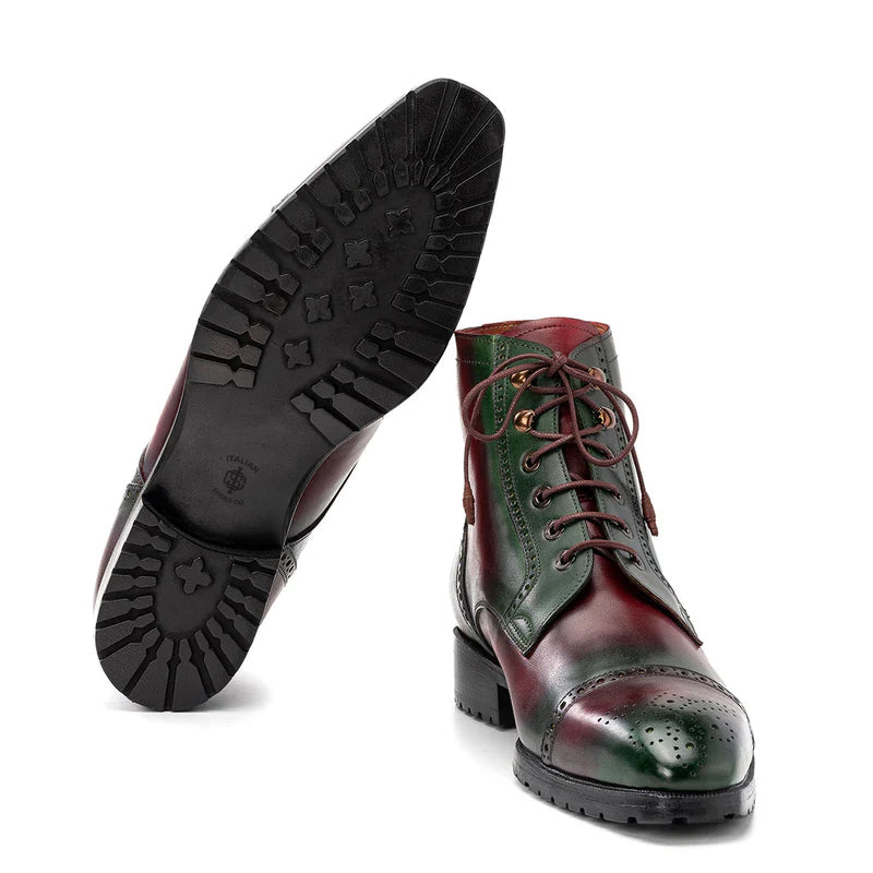 Men Hand Painted Leather Lace Up Cap Toe Boots