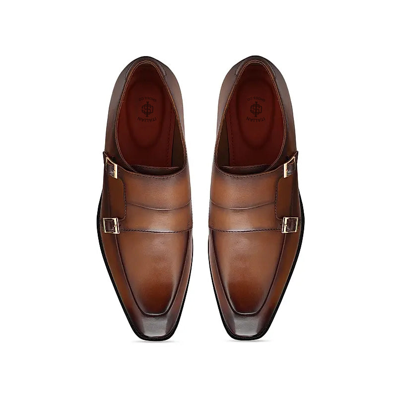 Leather Antique Formal Double Monk Strap Shoe Tan