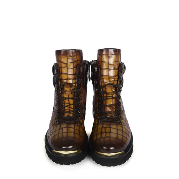 Croco Deep Cut Leather Lace UP Ankle Boot