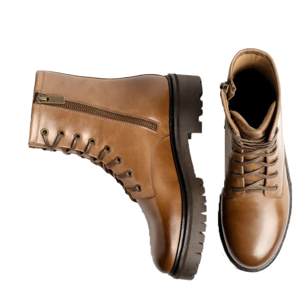 Men High Top Leather Combat Boots - Tan Brown
