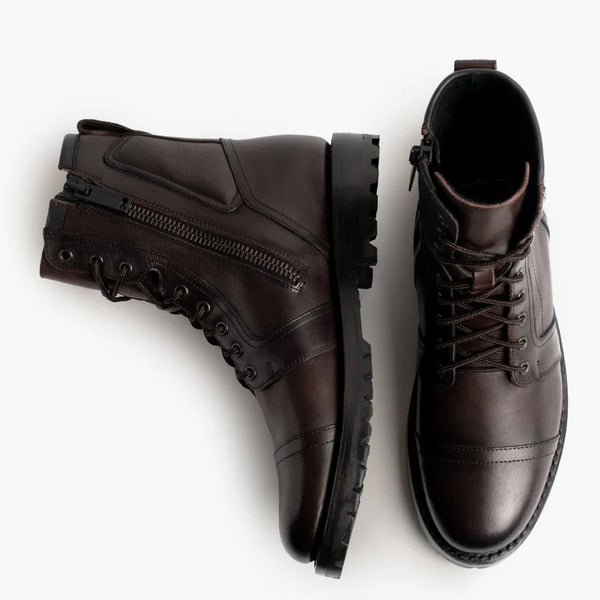 Leather Zip Up High Ankle Boots - Dark Brown