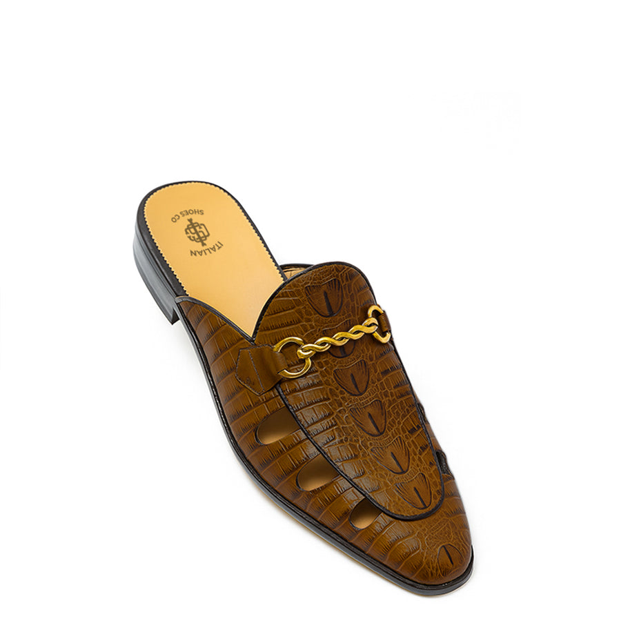 Embellished Textured Leather Mule Olive-Green