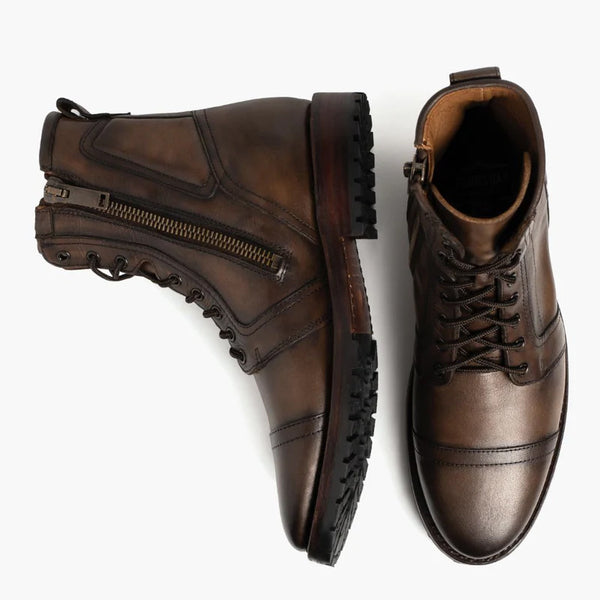 Leather Zip Up High Ankle Boots - Anejo
