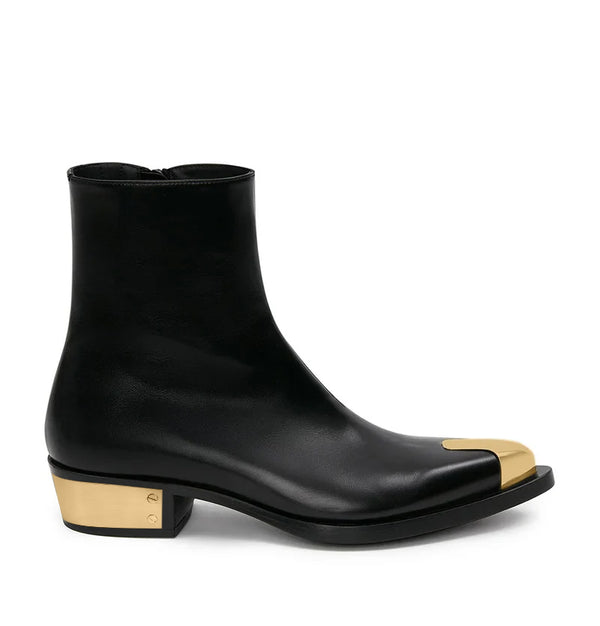 Punk Leather Boots Golden Toe Shoe - Black