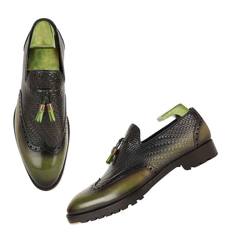 Patina Leather Tassel Loafers With Textured
