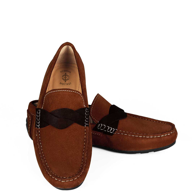 Penny Suede Cross Strap Leather Dark Brown Loafer